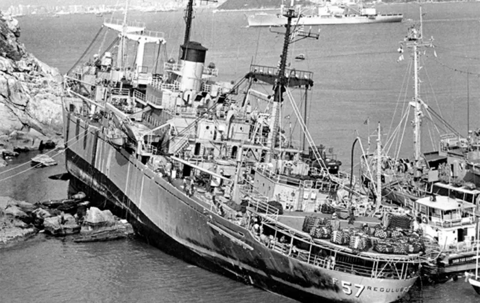 USS Regulus shipwrecked during Typhoon Rose in Hong Kong in 1971